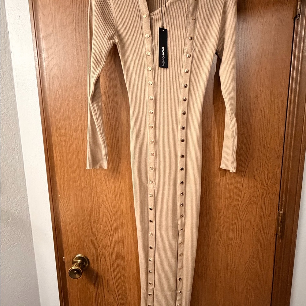 Fashion Nova Tan Long Sleeve Ribbed Dress